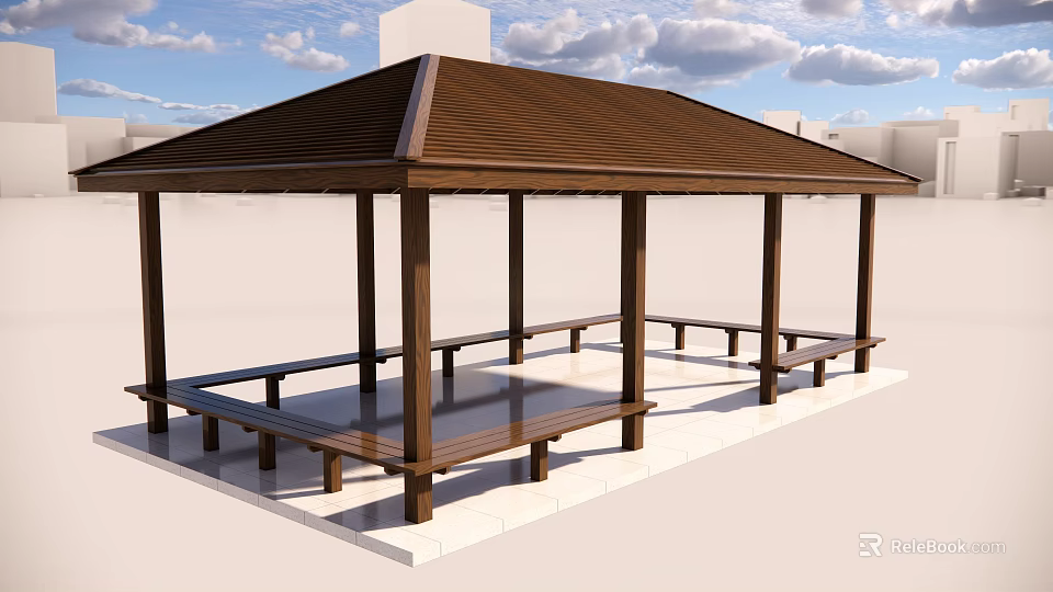 Wooden Garden Pavilion With Brown Roof And Benches On White Platform 3d model 
