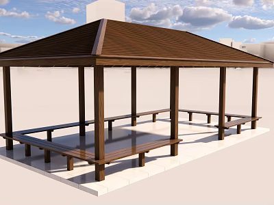 Wooden Garden Pavilion With Brown Roof And Benches On White Platform 3d model