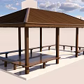 Wooden Garden Pavilion With Brown Roof And Benches On White Platform