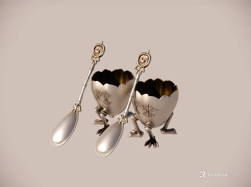 Vintage Silver Egg Cups With Claw Feet And Decorative Spoons Set 3d model 