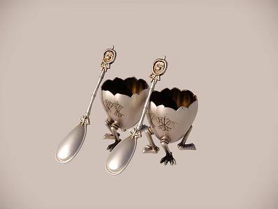 Vintage Silver Egg Cups With Claw Feet And Decorative Spoons Set 3d model