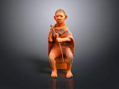 Terracotta Style Seated Tribal Game Character Holding Staff And Patterned Clothing 3d model