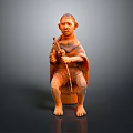 Terracotta Style Seated Tribal Game Character Holding Staff And Patterned Clothing