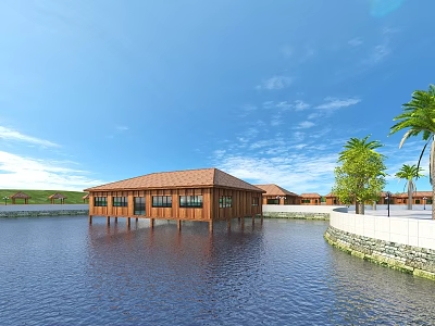 Modern wooden house park landscape road landscape perspective bird's eye view 3d model