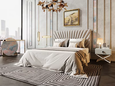Elegant Modern Double Bed Interior With Upholstered Headboard Nightstand Table Lamp Area Rug Chandelier 3d model