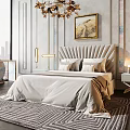 Elegant Modern Double Bed Interior With Upholstered Headboard Nightstand Table Lamp Area Rug Chandelier