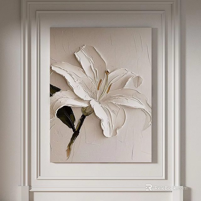 Elegant White Lily 3D Textured Oil Painting Wall Decor with Green Leaves 3d model 