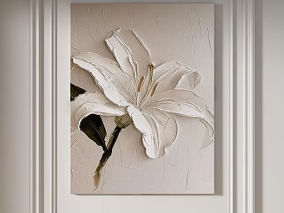 Elegant White Lily 3D Textured Oil Painting Wall Decor with Green Leaves 3d model