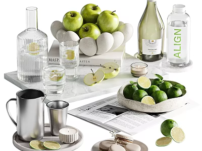 Fresh Green Apples Limes and Citrus Slices with Refreshing Drinks on Marble Tray 3d model
