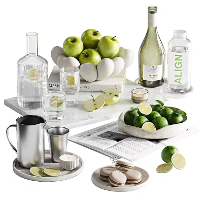 Fresh Green Apples Limes and Citrus Slices with Refreshing Drinks on Marble Tray 3d model