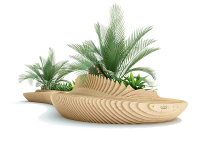 Natural Wooden Outdoor Chair With Curved Planks And Palm Plants For Garden Setting 3d model