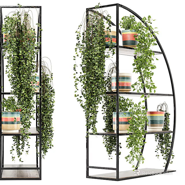 Stylish Garden Decor With Hanging Green Plants And Colorful Planters On Black Metal Shelves 3d model 