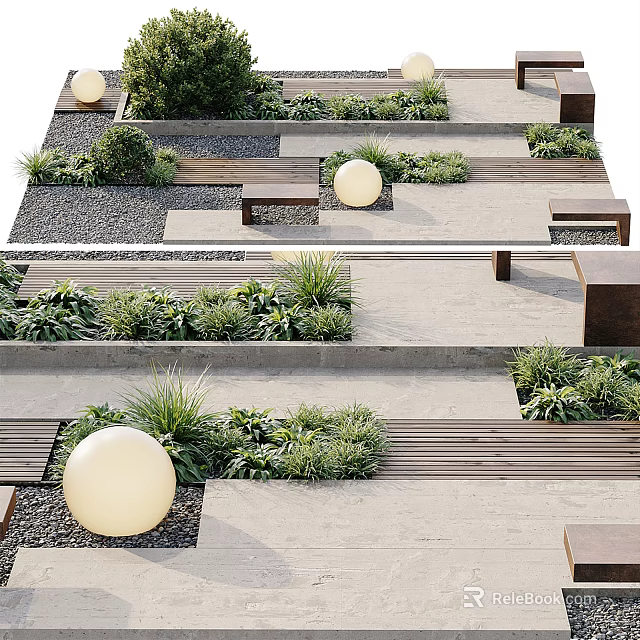 Modern Courtyard Garden Design Featuring Spherical Lights Green Plants Wooden Benches And Concrete Paths 3d model 