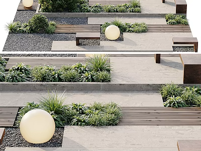 Modern Courtyard Garden Design Featuring Spherical Lights Green Plants Wooden Benches And Concrete Paths 3d model