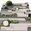 Modern Courtyard Garden Design Featuring Spherical Lights Green Plants Wooden Benches And Concrete Paths