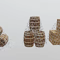 Decorative Ornament Set With Net Wrapped Wooden Boxes And Barrels