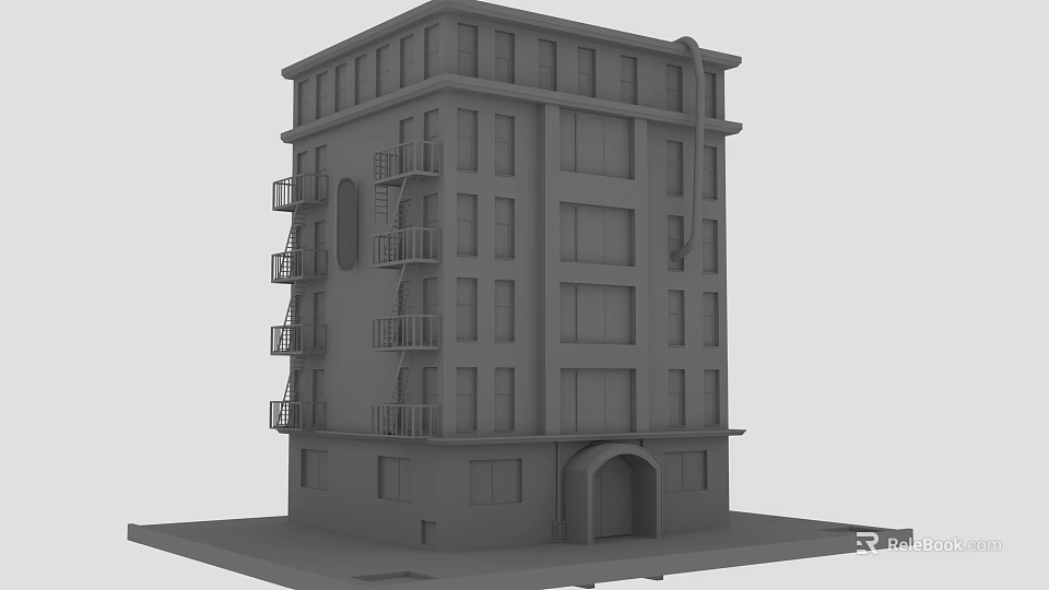 Gray Multistory Building Exterior With Fire Escape Windows And Arched Entrance 3d model 