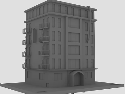 Gray Multistory Building Exterior With Fire Escape Windows And Arched Entrance 3d model