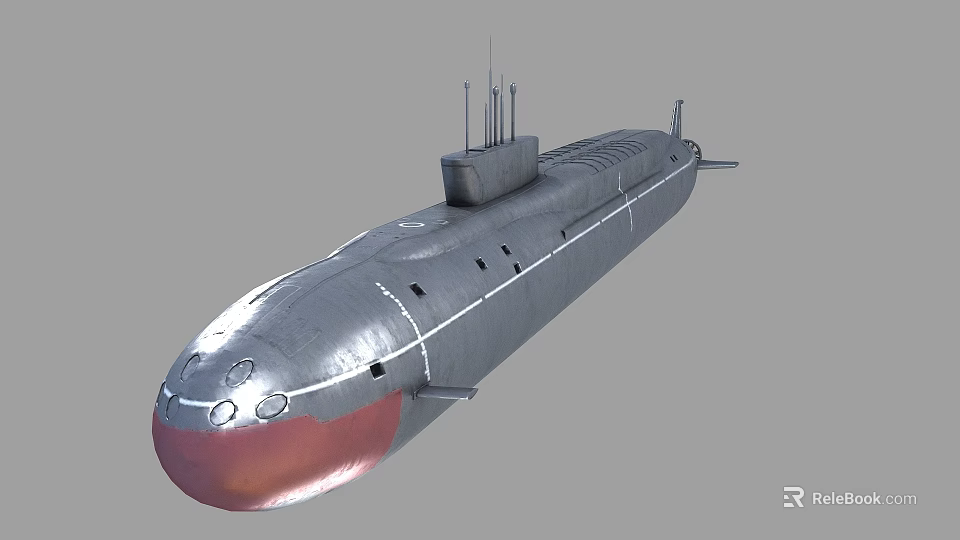 Detailed Gray Submarine With Red Bow Conning Tower And Antennas Structure 3d model 