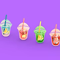 Colorful Iced Drinks with Fresh Fruit Slices in Transparent Cups with Straws and Lids