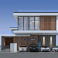 Modern Detached Villa With Large Glass Windows Green Lawn And Wooden Pergola Roof
