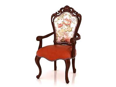 Ornate Wooden Dining Chair With Floral Pattern Backrest Armrests And Orange Upholstered Seat 3d model