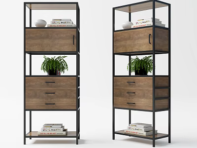 Modern Wooden Bookcase With Metal Frame Drawers Shelves Books Potted Plant And White Bowl 3d model
