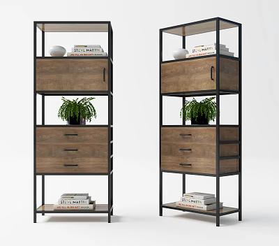 Modern Wooden Bookcase With Metal Frame Drawers Shelves Books Potted Plant And White Bowl 3d model