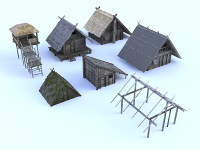 Various Traditional Thatched Houses With Wooden Frames And Different Roof Designs 3d model