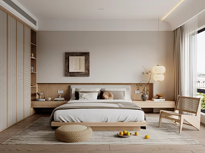 Modern Bedroom Interior With Rattan Wardrobe Wooden Bed Decorative Painting Pendant Light And Area Rug 3d model