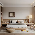 Modern Bedroom Interior With Rattan Wardrobe Wooden Bed Decorative Painting Pendant Light And Area Rug
