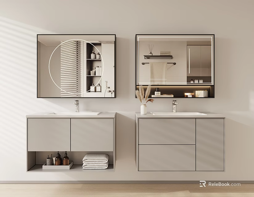 Modern Bathroom Double Vanity Design With Gray Cabinets Mirrors And Storage 3d model