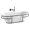 Modern Freestanding White Bathtub With Black Metal Frame And Faucet Fixture