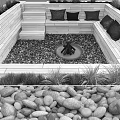 Outdoor Sofa With Cushions Wooden Frame Fire Pit Gravel Floor And Green Plants