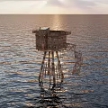 Abandoned Offshore Tower Structure With Metal Ladder In Open Ocean
