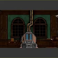Sci-Fi Room Interior Featuring Vintage Wooden Walls Green Paneling Arched Windows And Futuristic Tech Device