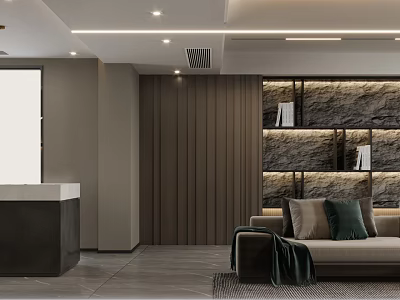 Modern Living Dining Room Interior With Stone Wall Sofa Pillows And Lighting Strips 3d model