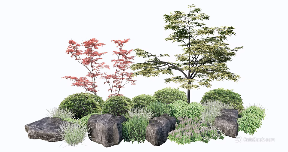 Garden Shrubs with Red Maple Trees Green Foliage Rocks and Grasses 3d model 