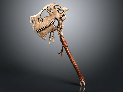 Decorative Battle Axe With Skull Shaped Head Intricate Carved Details And Wooden Handle 3d model