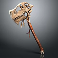 Decorative Battle Axe With Skull Shaped Head Intricate Carved Details And Wooden Handle