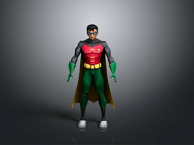 Cartoon Superhero Character Wearing Red Top Green Pants And Yellow Belt With Green Gloves And Cape 3d model