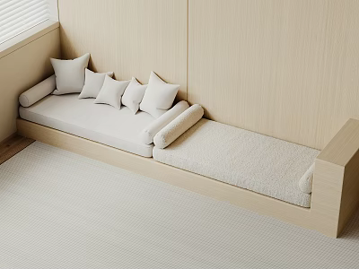 Wooden Bench Seating Area With White Pillows Light Rug And Window Blinds 3d model