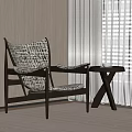 Modern Interior Accent Chair With Woven Texture Wooden Frame And Side Table Near Curtains Blinds