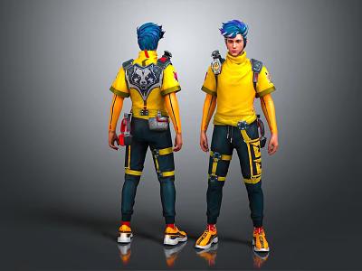 Game Character With Blue Hair Yellow Shirt Black Pants And Fantasy Creature Companion 3d model