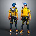 Game Character With Blue Hair Yellow Shirt Black Pants And Fantasy Creature Companion