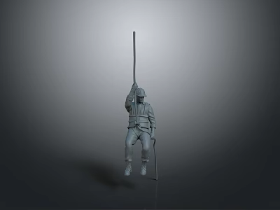 Military Style Figure Model Standing With Helmet Raised Long Pole And Short Stick 3d model