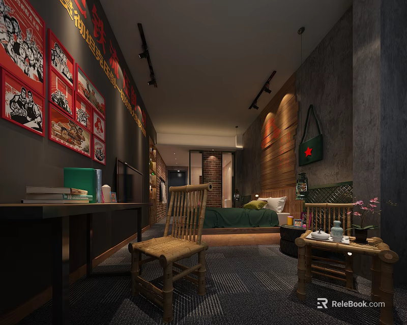 Vintage Hotel Guest Room Interior With Brick Wall Decorative Posters And Wooden Furniture 3d model 