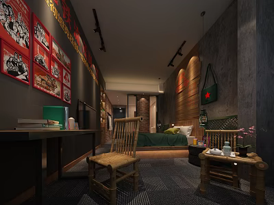 Vintage Hotel Guest Room Interior With Brick Wall Decorative Posters And Wooden Furniture 3d model