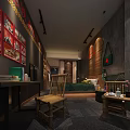 Vintage Hotel Guest Room Interior With Brick Wall Decorative Posters And Wooden Furniture
