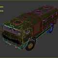 Olive Green Armored Military Vehicle With Multiple Wheels Red Stripes And Roof Cargo Compartment